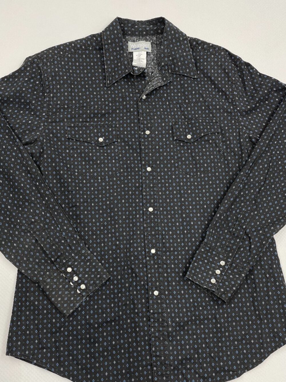 Wrangler Wrancher Western Snap Shirt Geometric Black Pearl Snaps Men's Size L